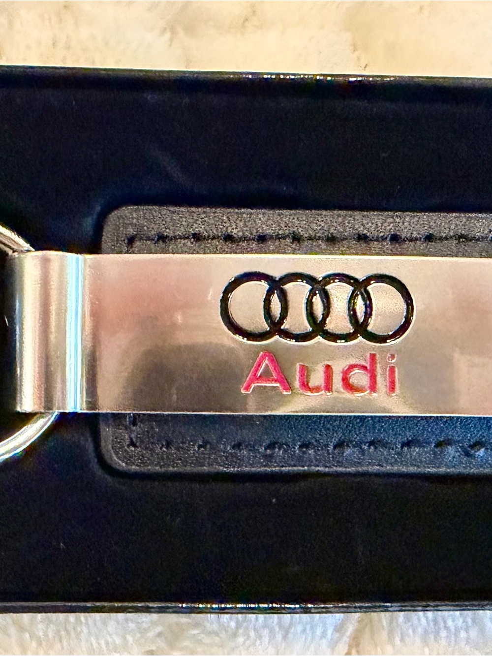 Audi Black Leather Key Ring with Silver Plate